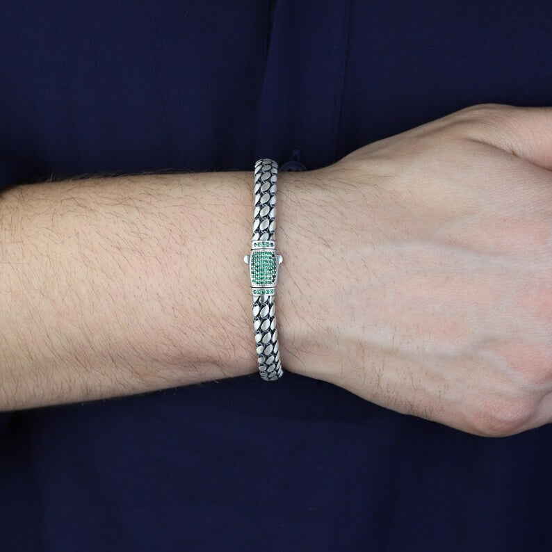 Men Silver Emerald Chain Bracelet, 5MM Popcorn Chain Luxury Bracelet