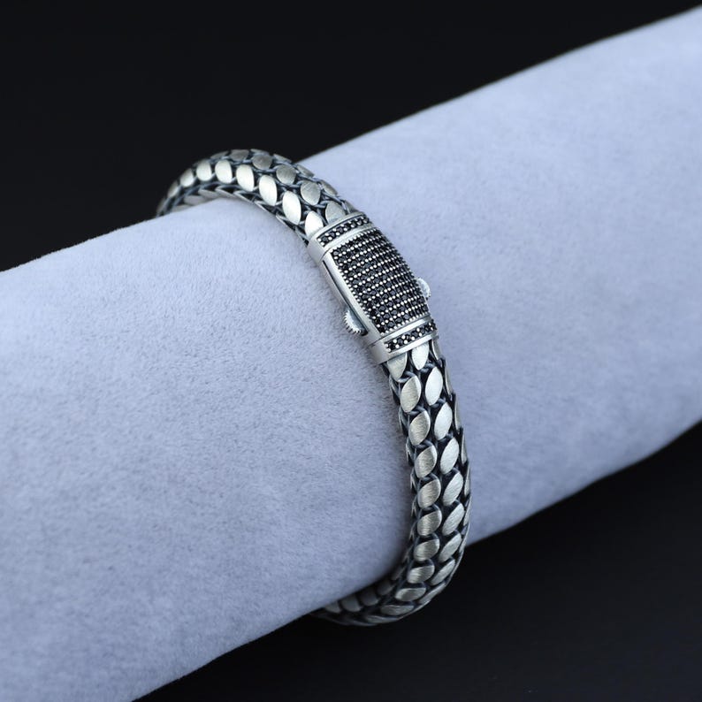 925 Silver 8MM Popcorn Chain Onyx Stone Box Lock Curb Chain Bracelet