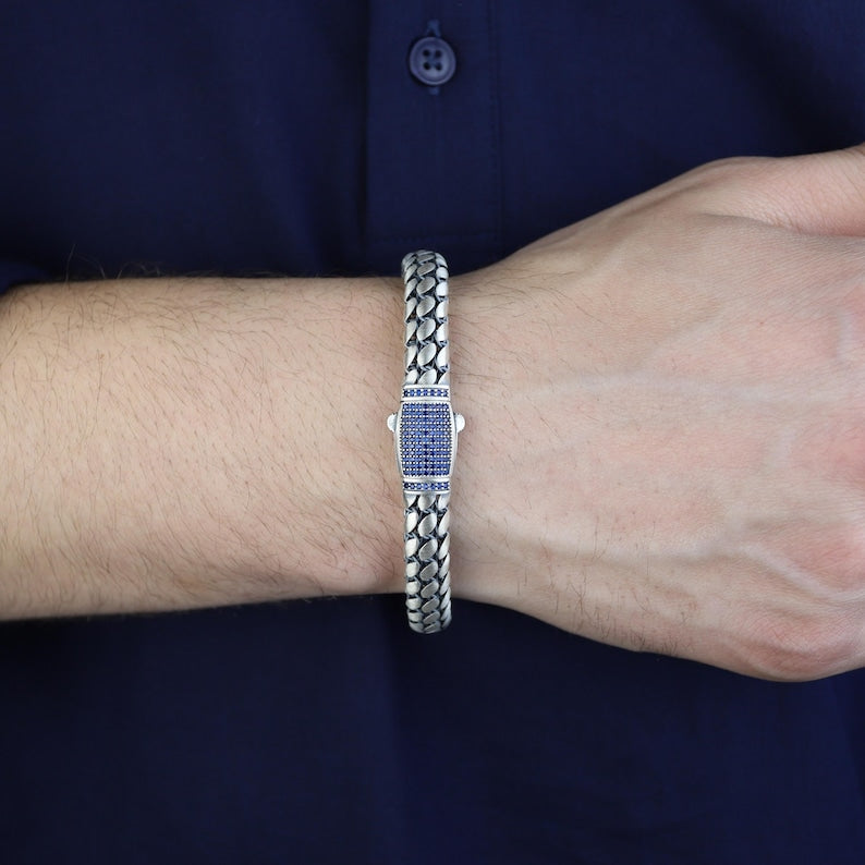 925 Men Silver Sapphire Popcorn Men Elegant Sapphire Link Bracelet