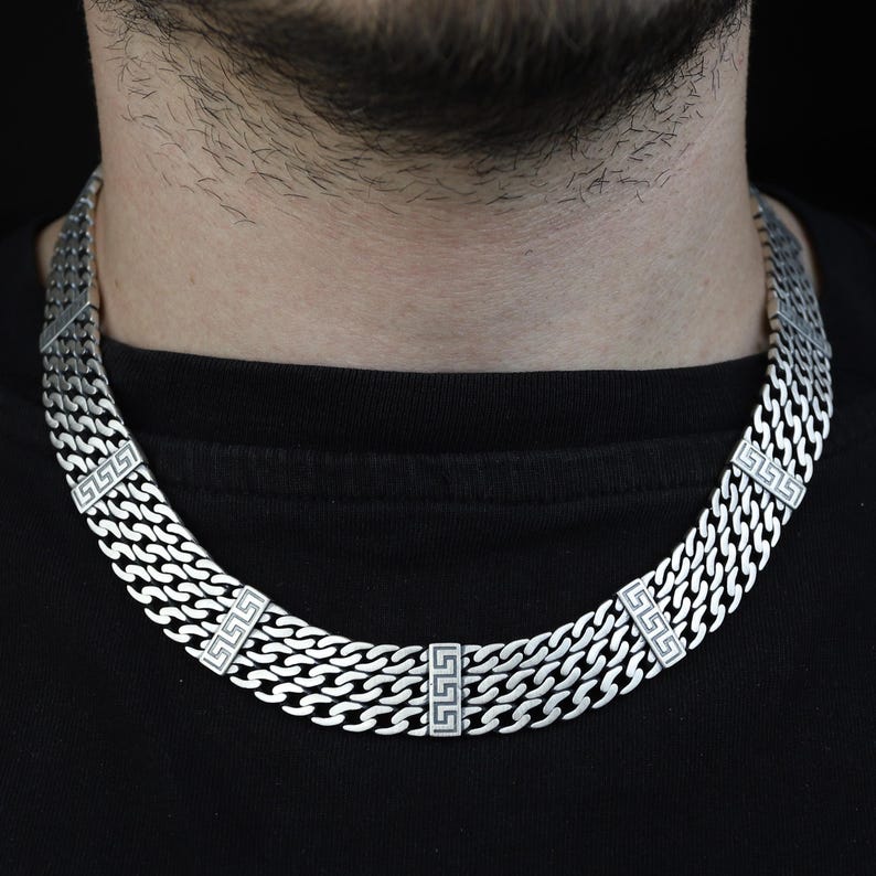 925 Sterling Silver 16mm Curb Solid Greek Key Chain Necklace