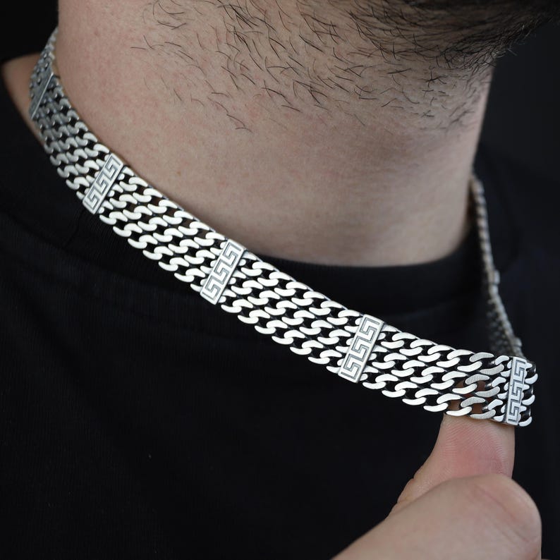 925 Sterling Silver 16mm Curb Solid Greek Key Chain Necklace