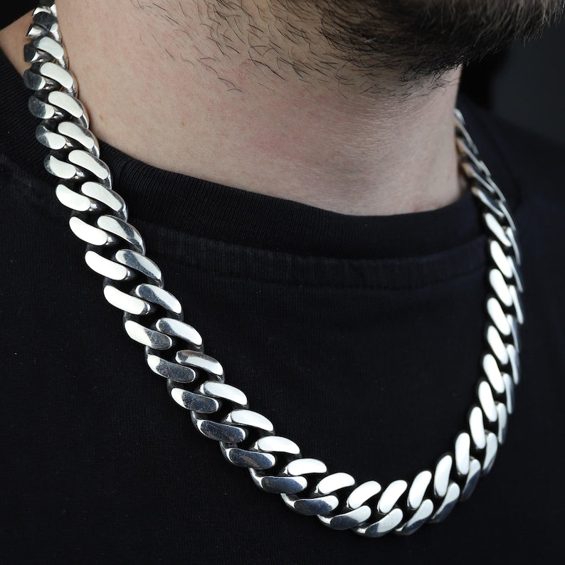 925 Solid Silver 16MM Men Cuban Solid Thick Heavy Chain Necklace