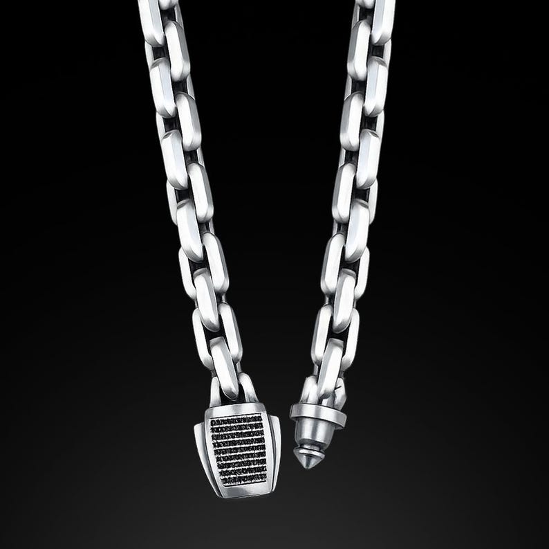 Men 925 Silver Handmade Black Onyx Stone Curb Box Chain Necklace