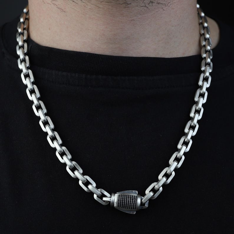 Men 925 Silver Handmade Black Onyx Stone Curb Box Chain Necklace