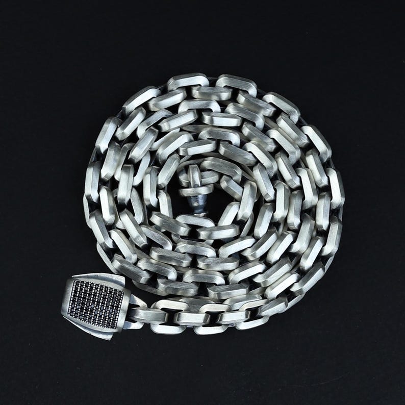 Men 925 Silver Handmade Black Onyx Stone Curb Box Chain Necklace