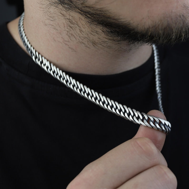 925 Silver Oxidized 9MM Curb Cuban Link Chain Necklace