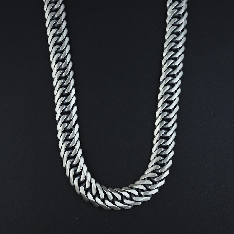 925 Silver Solid Heavy 17MM Curb Chain Oxidized Necklace