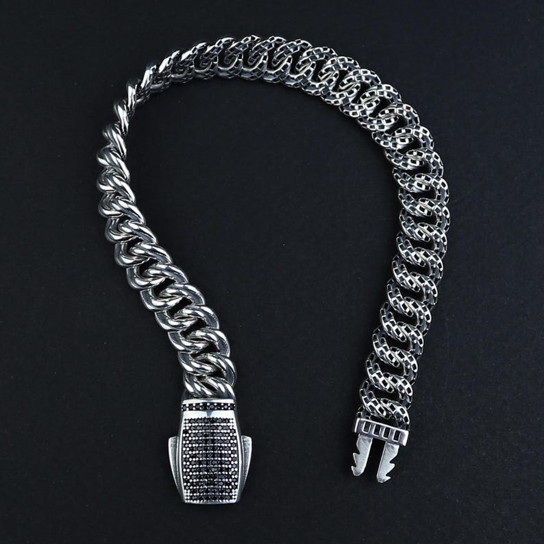 925 Silver 10MM Onyx Chain Black Diamond Curb Bracelet