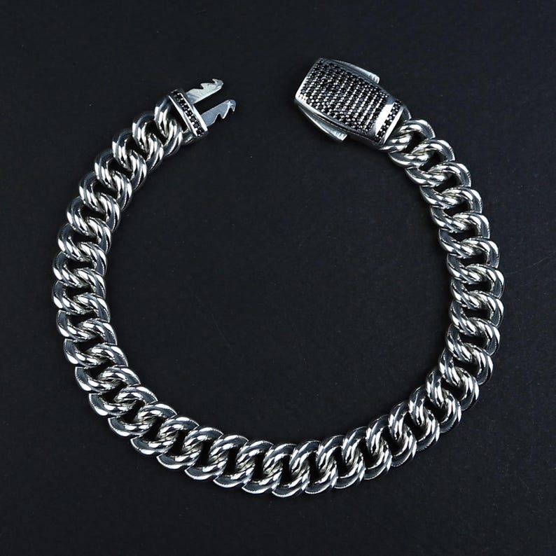 925 Silver 10MM Onyx Chain Black Diamond Curb Bracelet