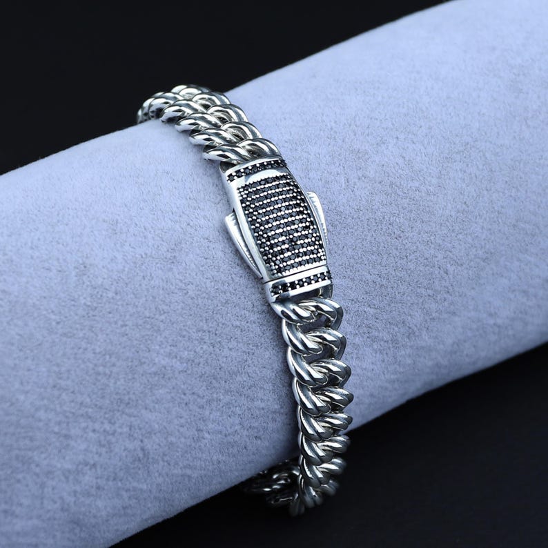 925 Silver 10MM Onyx Chain Black Diamond Curb Bracelet