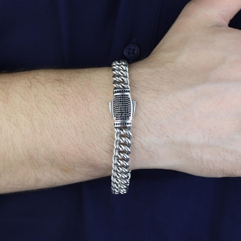 925 Silver 10MM Onyx Chain Black Diamond Curb Bracelet