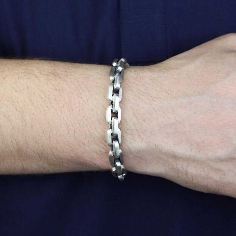 Sterling Silver Cable Solid Silver Onyx Stone Chain Bracelet