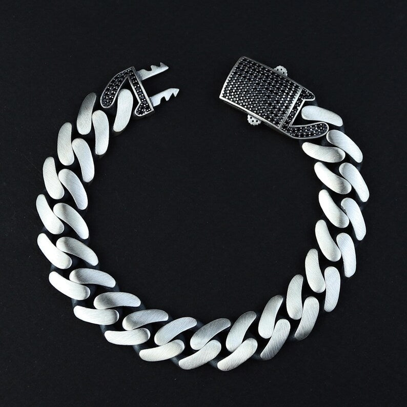 925 Silver Black Onyx Curb Chain 10MM Chain Link Bracelet