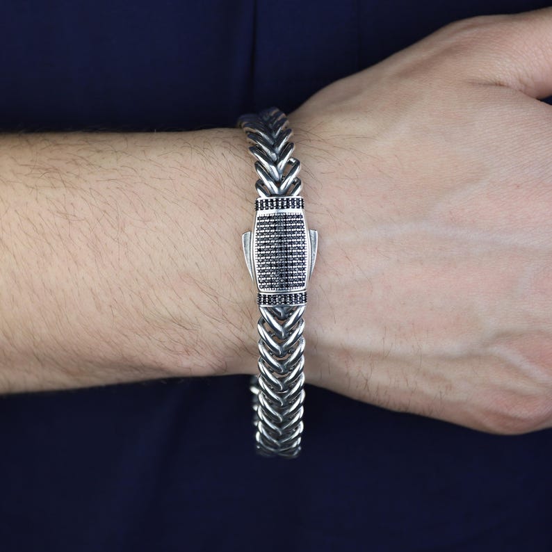 925 Sterling Silver 10MM Chain Black Diamond Men Chain Bracelet