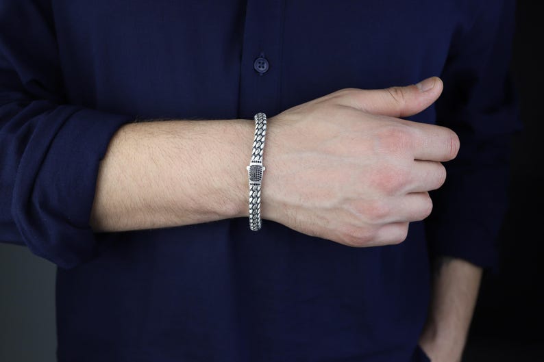 Men Silver Stone Popcorn 5MM Chain Link Bracelet
