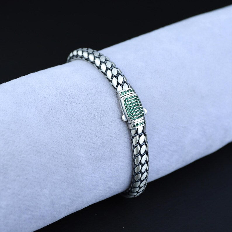 Men Silver Emerald Chain Bracelet, 5MM Popcorn Chain Luxury Bracelet