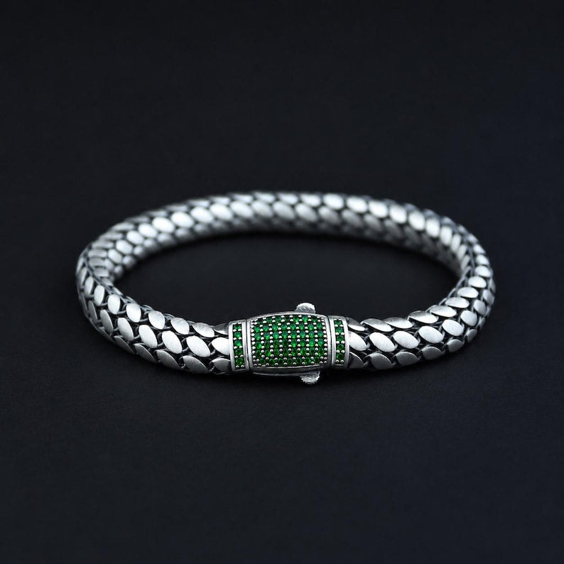 Men Silver Emerald Chain Bracelet, 5MM Popcorn Chain Luxury Bracelet