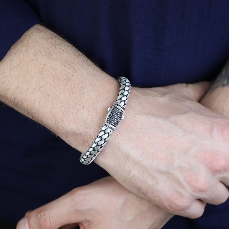 925 Silver 8MM Popcorn Chain Onyx Stone Box Lock Curb Chain Bracelet