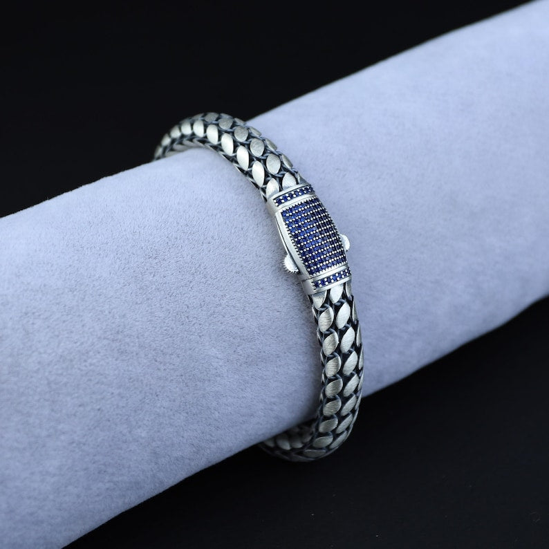 925 Men Silver Sapphire Popcorn Men Elegant Sapphire Link Bracelet