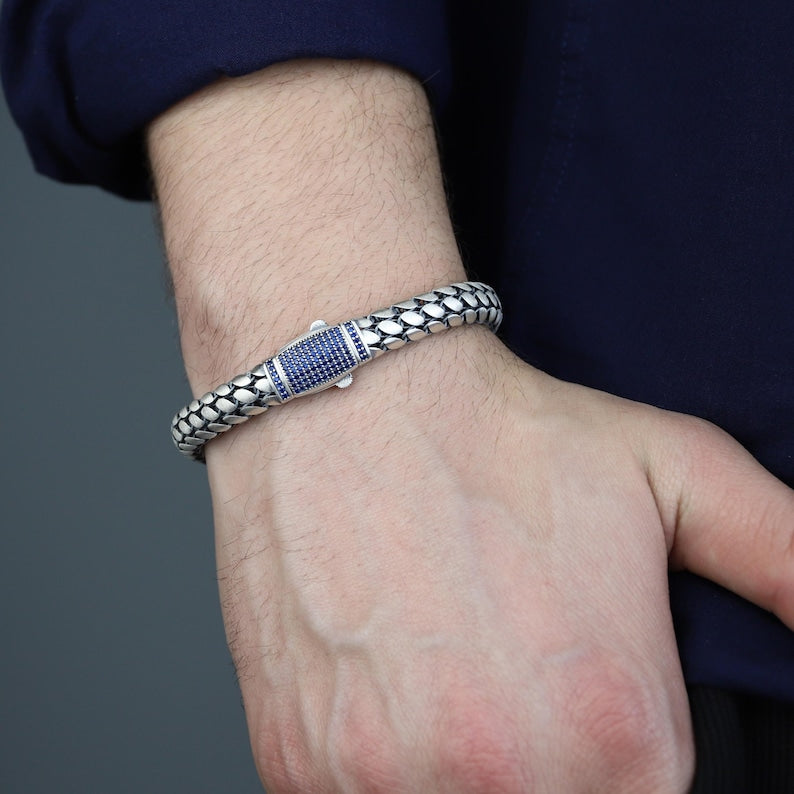 925 Men Silver Sapphire Popcorn Men Elegant Sapphire Link Bracelet
