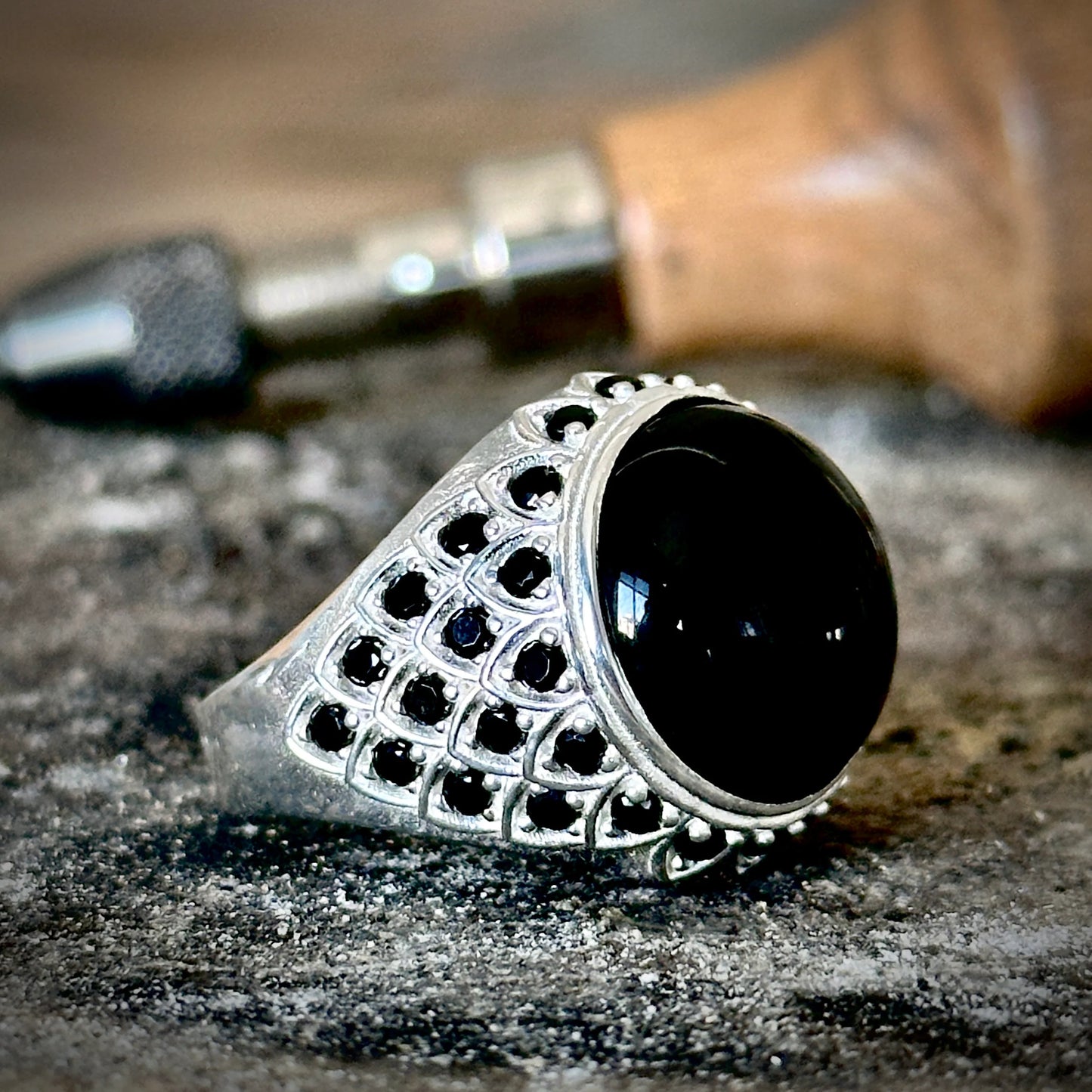 Men Handmade Round Onyx Stone With Micro Onyx Stone Ring