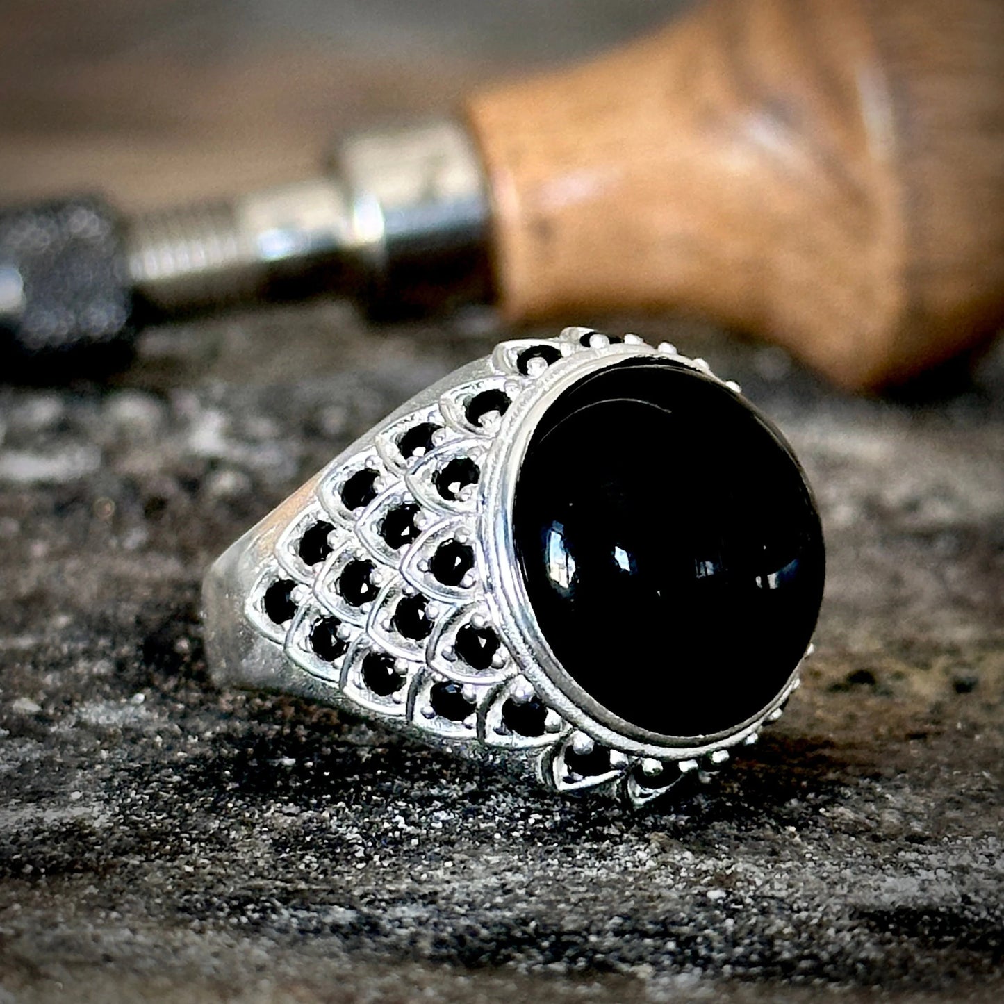 Men Handmade Round Onyx Stone With Micro Onyx Stone Ring