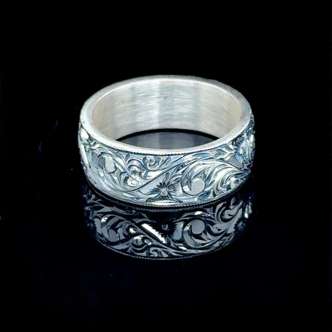 Silver Engraved Handmade Wedding Band Ring