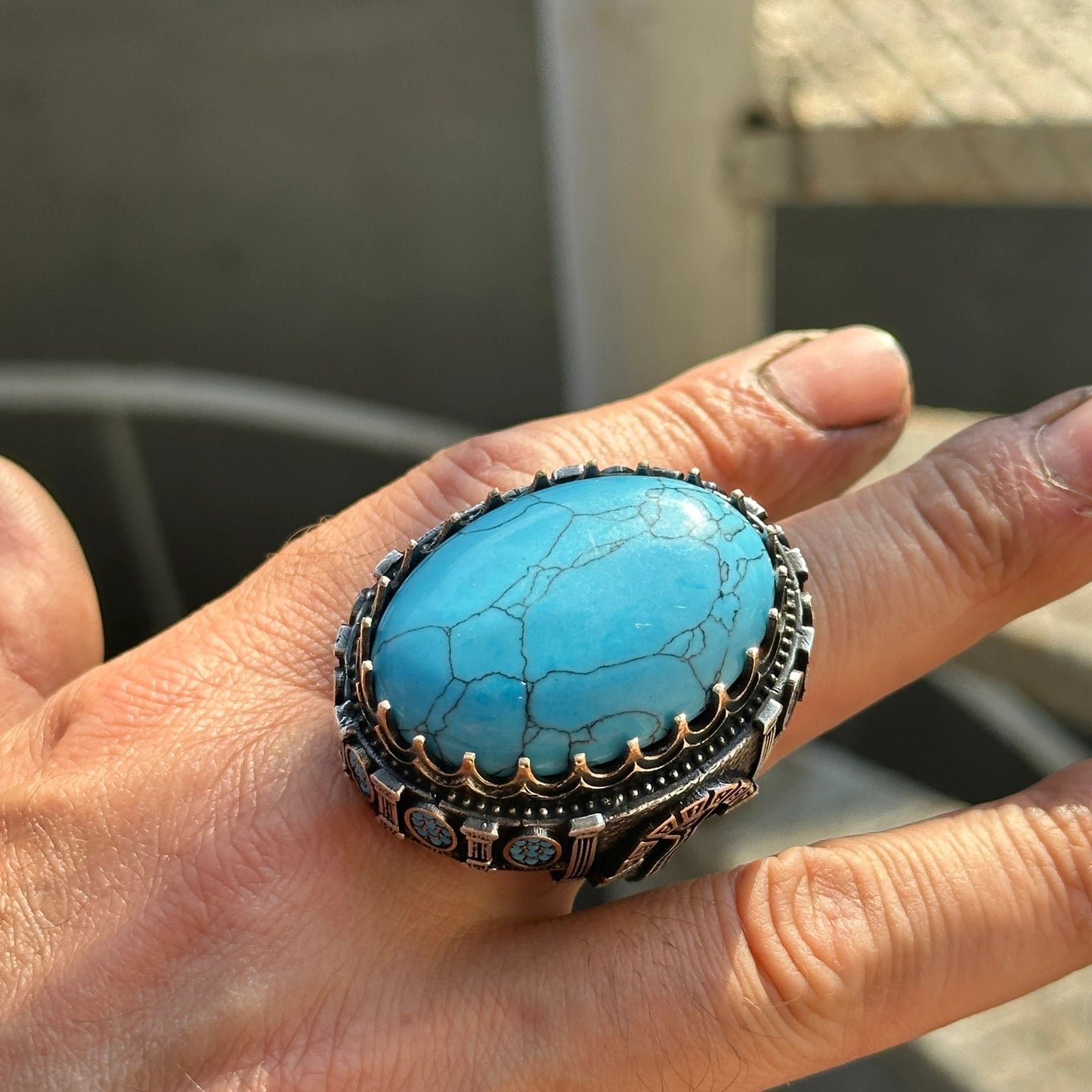 Silver Ottoman Style Large Natural Turquoise Gemstone Unique Men Ring