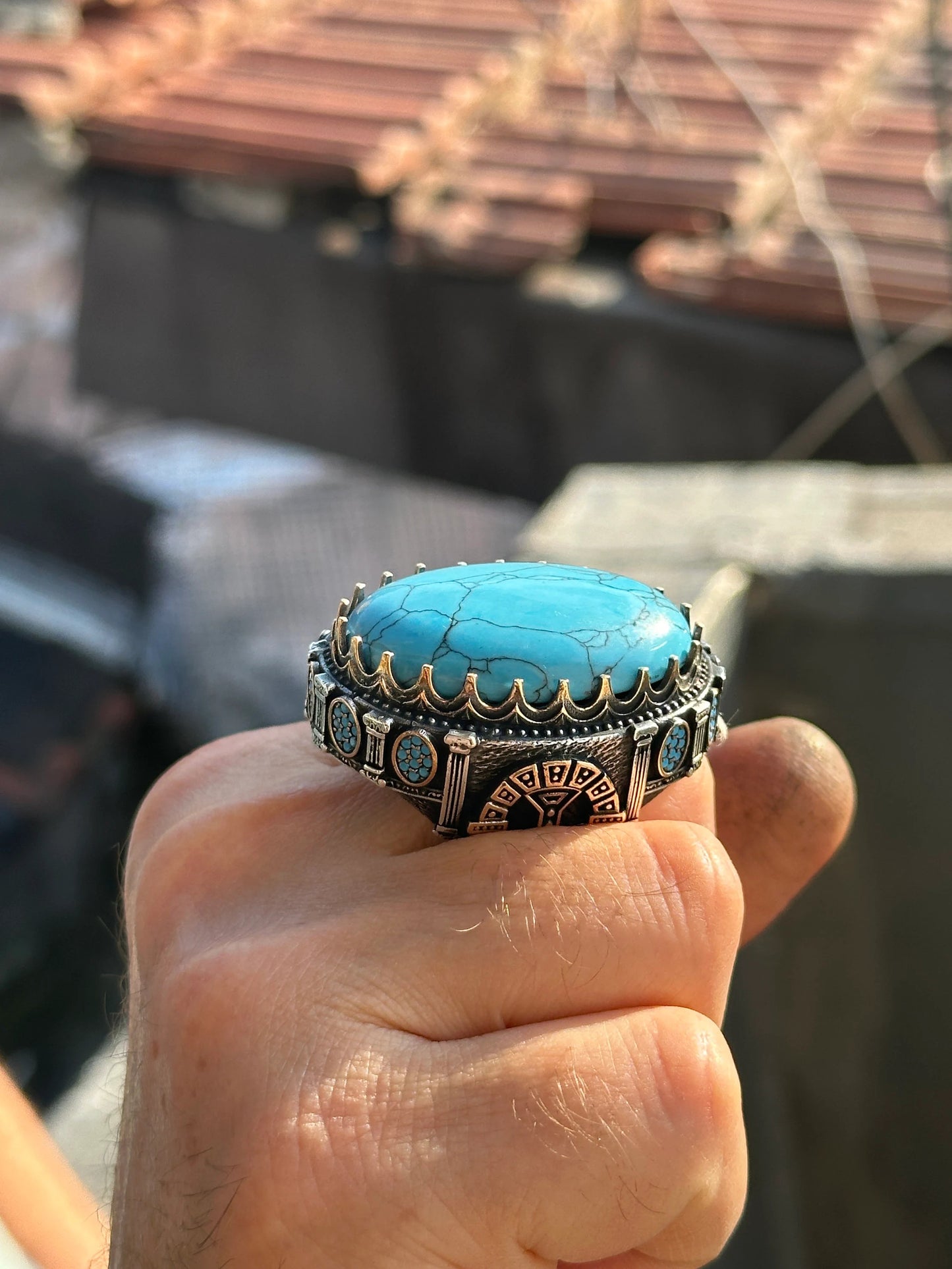 Silver Ottoman Style Large Natural Turquoise Gemstone Unique Men Ring