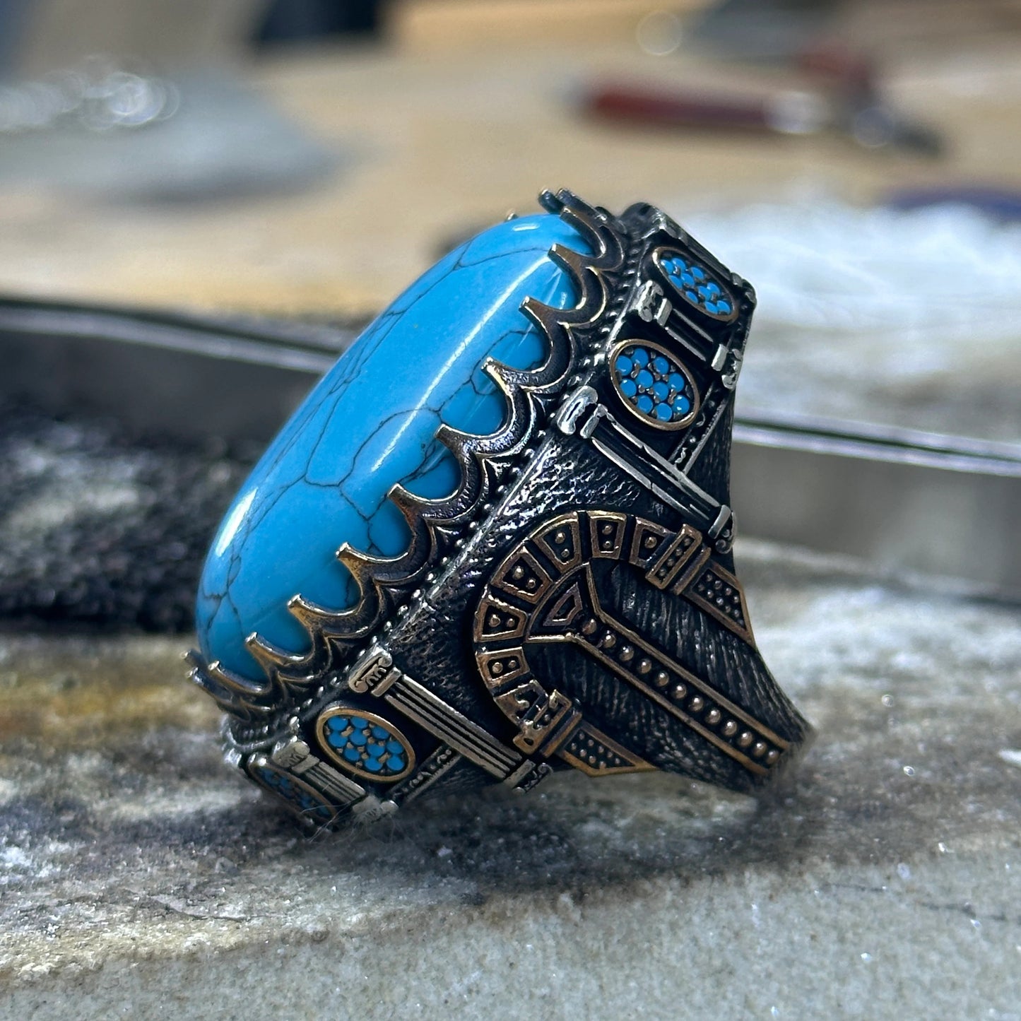 Silver Ottoman Style Large Natural Turquoise Gemstone Unique Men Ring