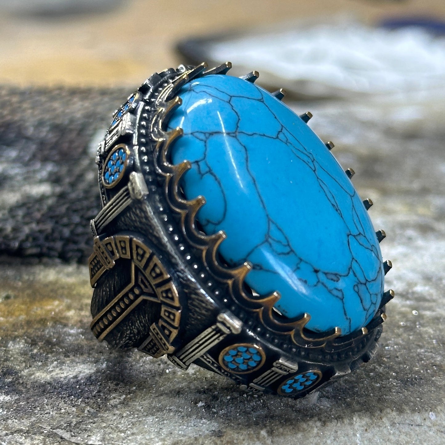 Silver Ottoman Style Large Natural Turquoise Gemstone Unique Men Ring