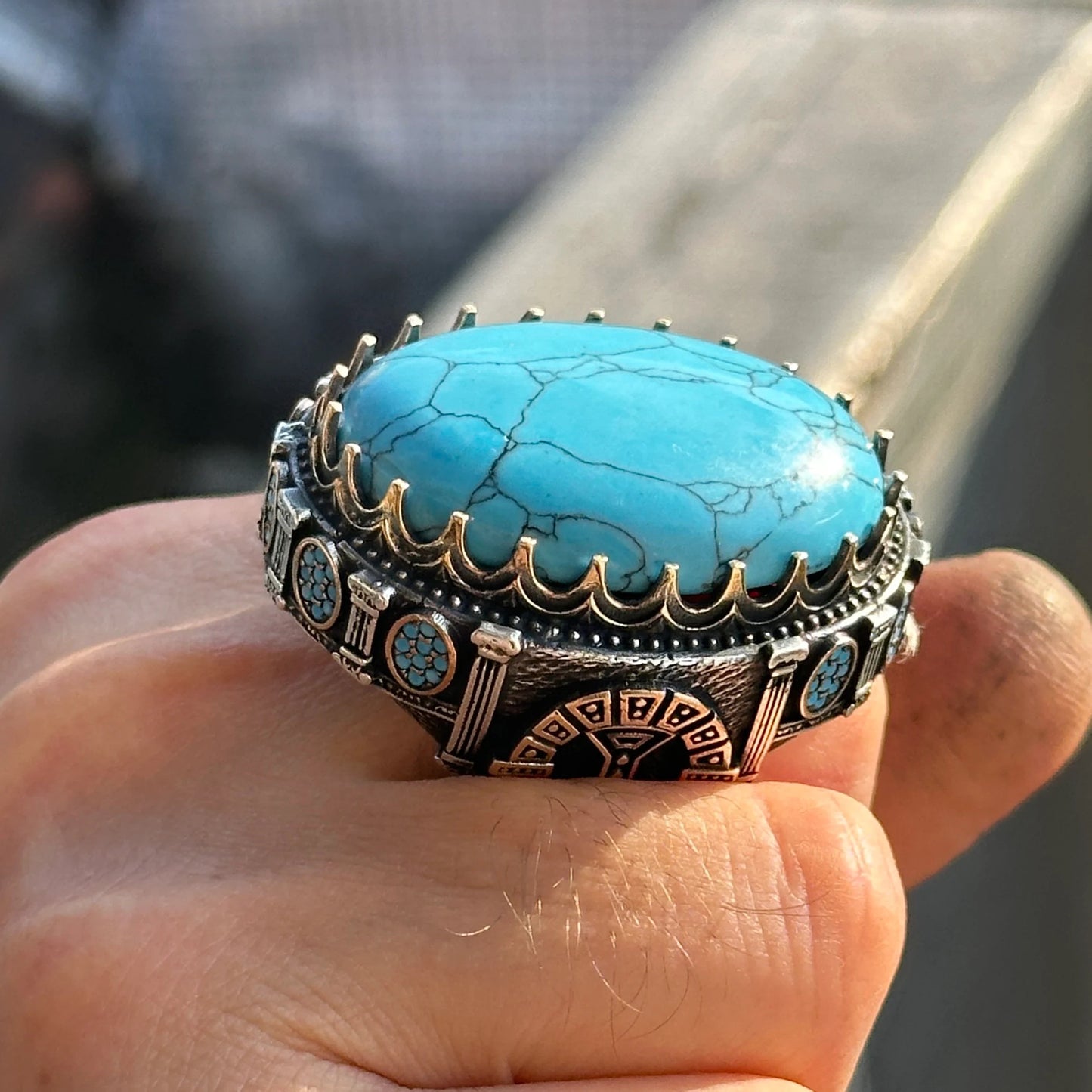 Silver Ottoman Style Large Natural Turquoise Gemstone Unique Men Ring