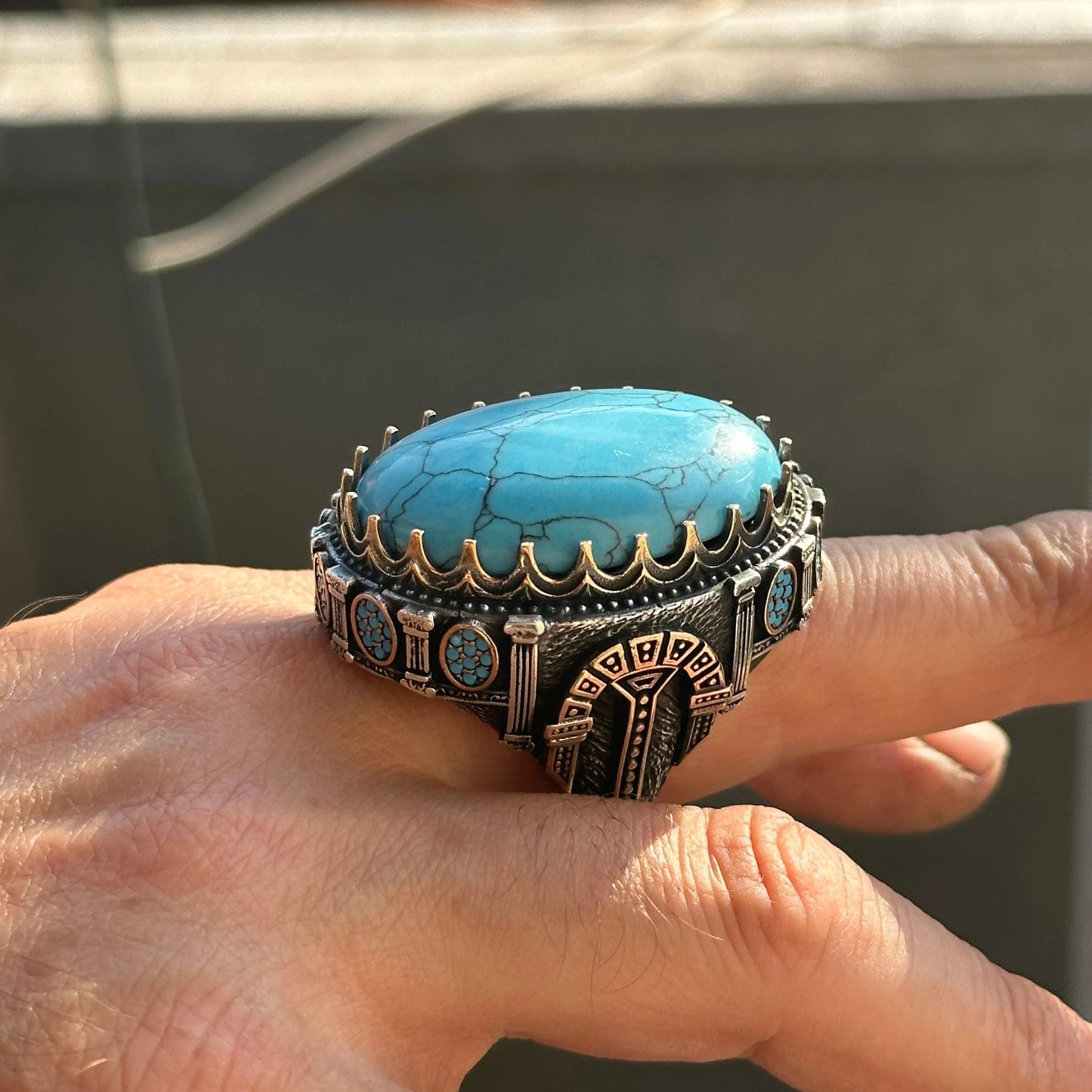 Silver Ottoman Style Large Natural Turquoise Gemstone Unique Men Ring