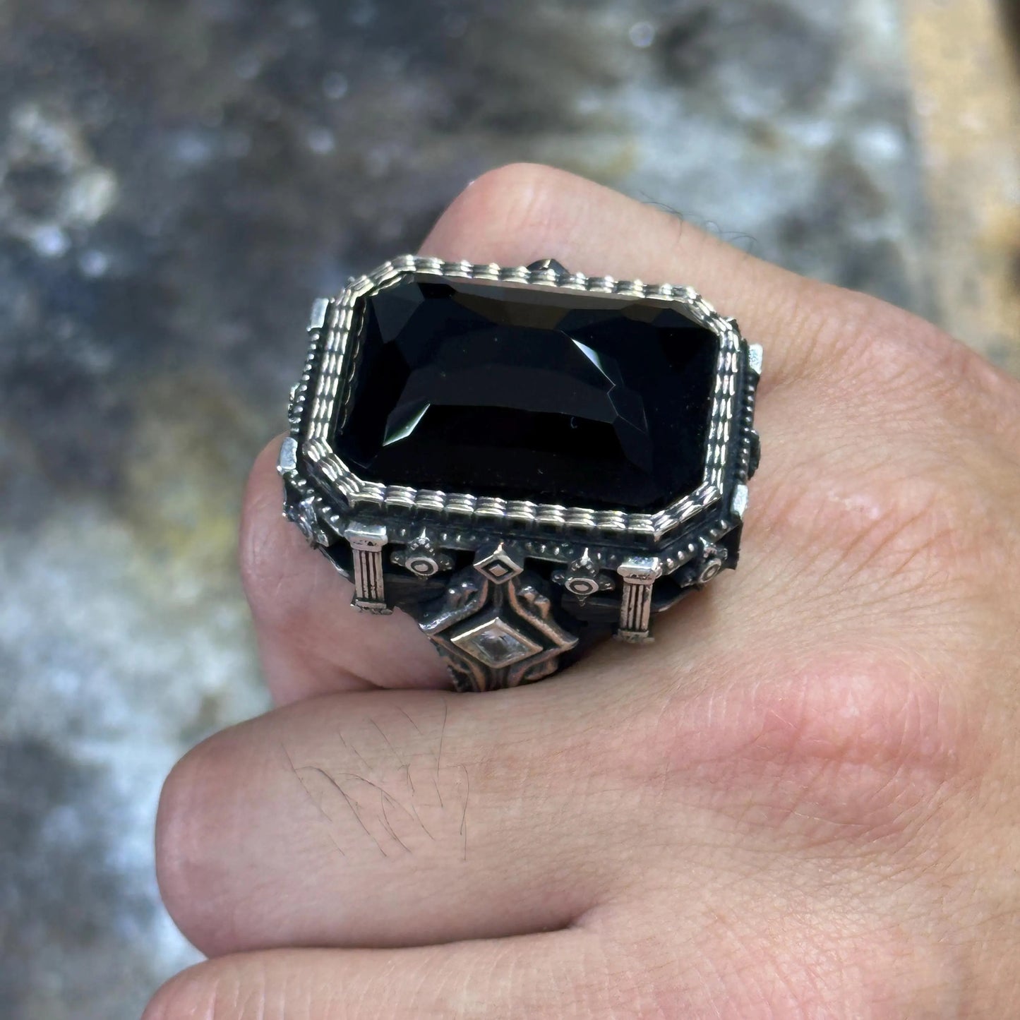 Men Silver Square Large Black Onyx Gemstone Ring