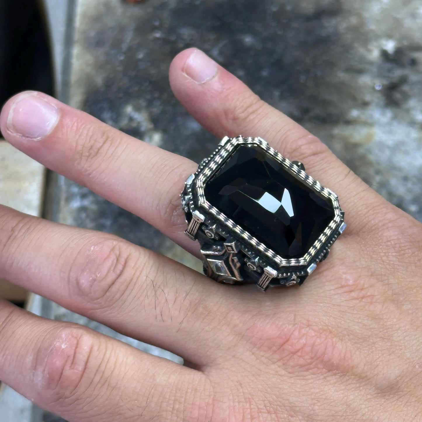 Men Silver Square Large Black Onyx Gemstone Ring