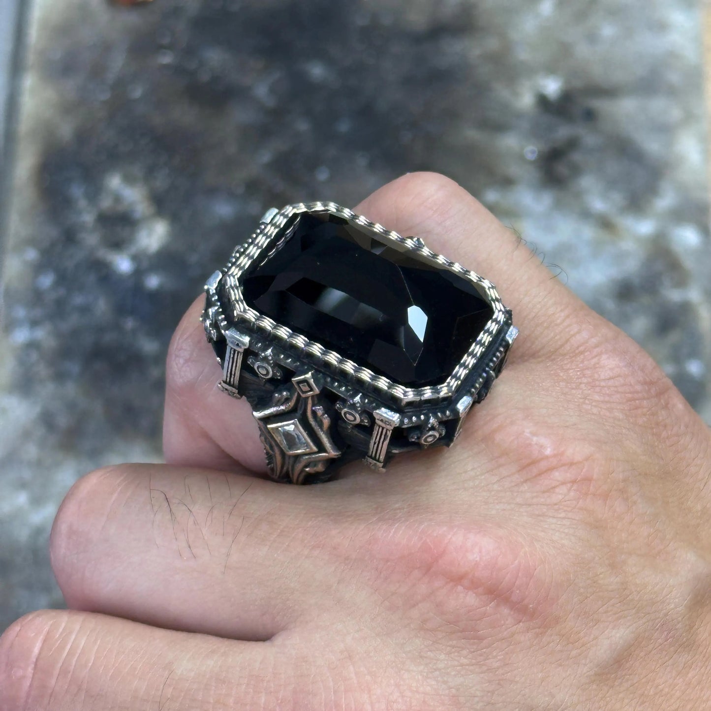 Men Silver Square Large Black Onyx Gemstone Ring