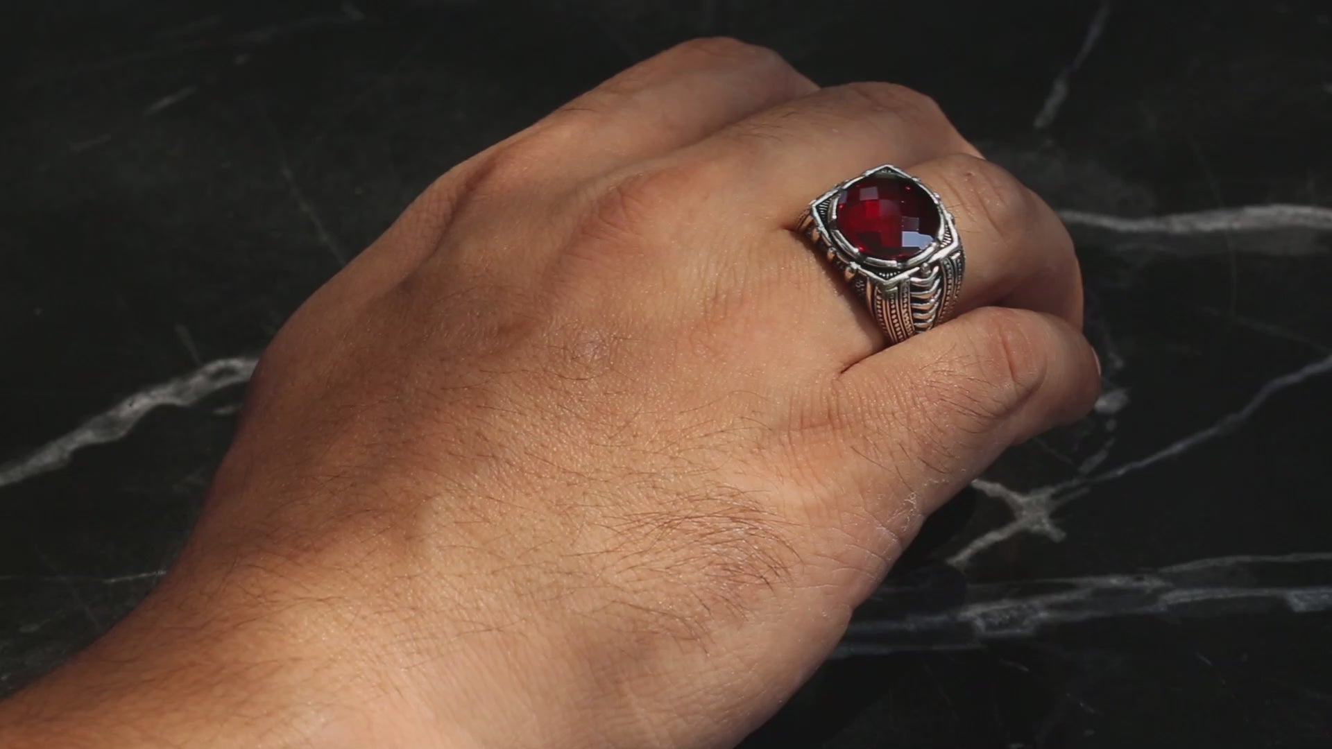 Men Silver Round Garnet Ruby Gemstone Handmade Ring