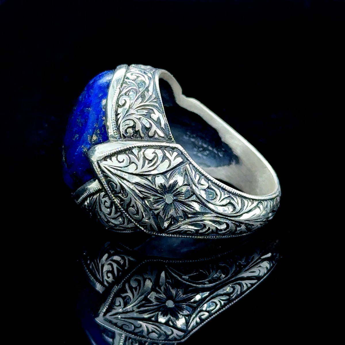 Silver Handmade Engraved Natural Blue Lapis Lazuli Ring