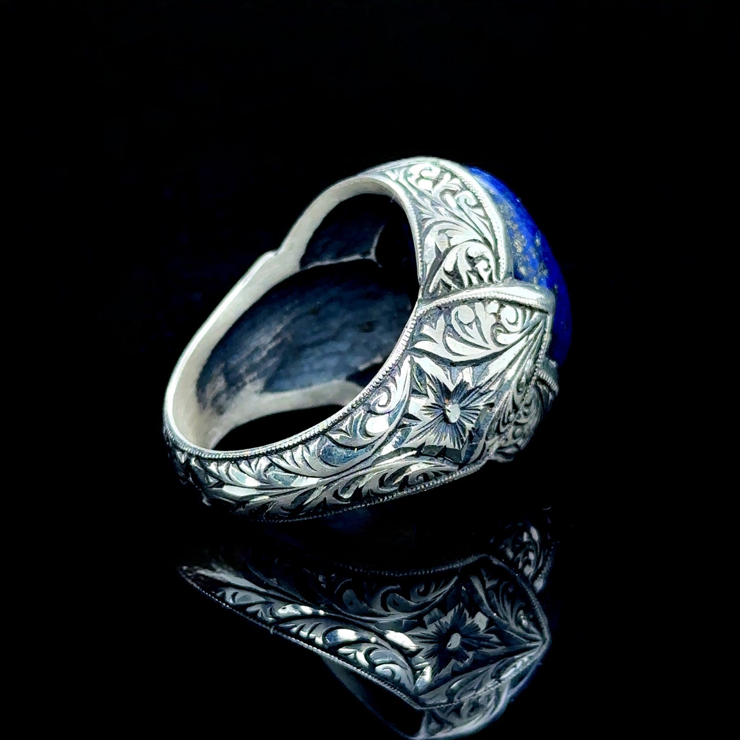 Silver Handmade Engraved Natural Blue Lapis Lazuli Ring